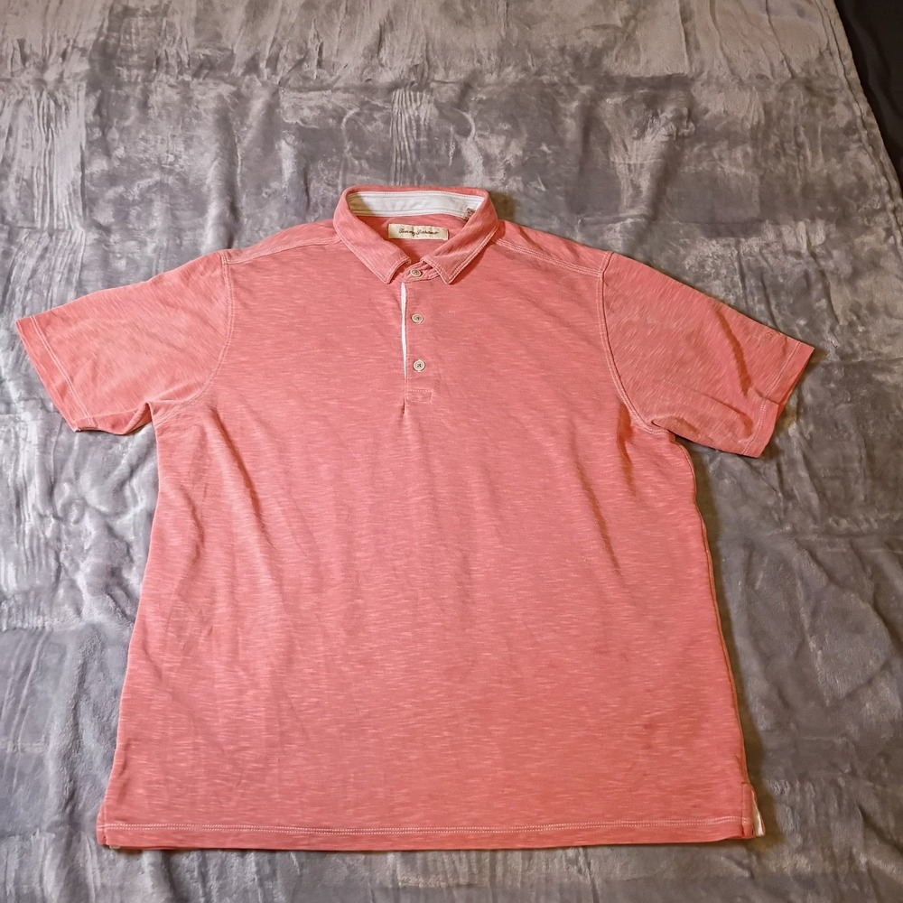 Tommy‎ Bahama Mens XL Coral Pink Emfielder Polo Shirt Modal Blend Short Sleeve